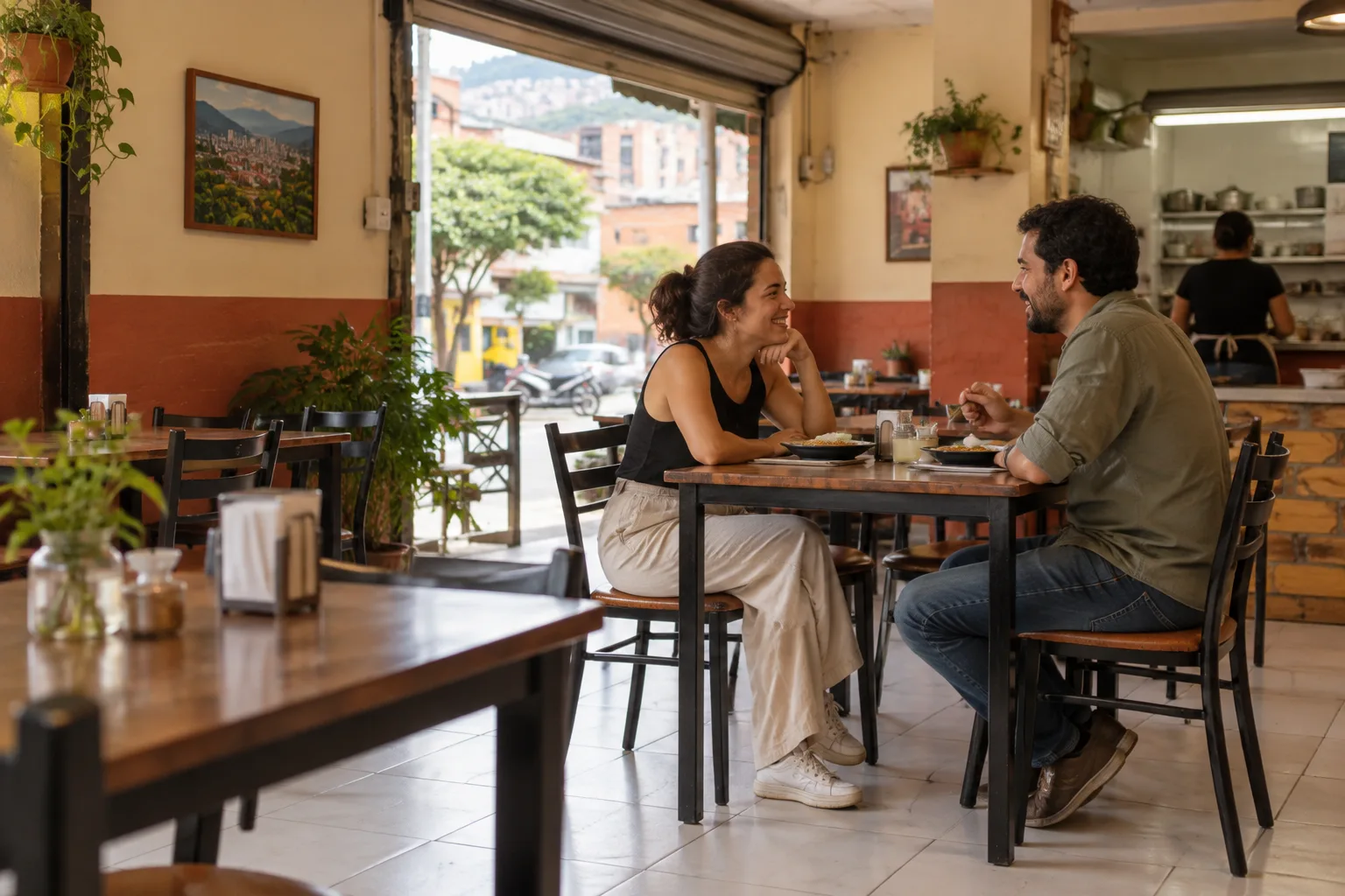 Imagen de muestra generada: comensales conversando en un pequeño restaurante de barrio; no representa el local real