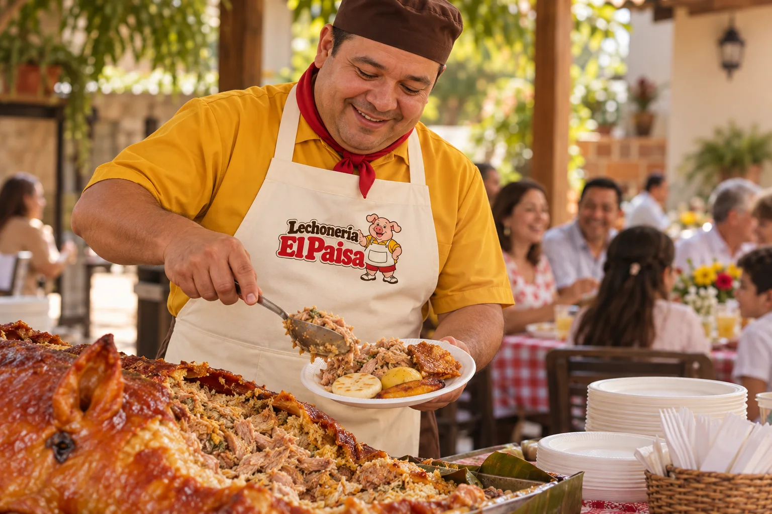 Imagen ilustrativa generada: una persona con camisa mostaza y delantal con el logo de El Paisa sirve lechona en una celebración familiar